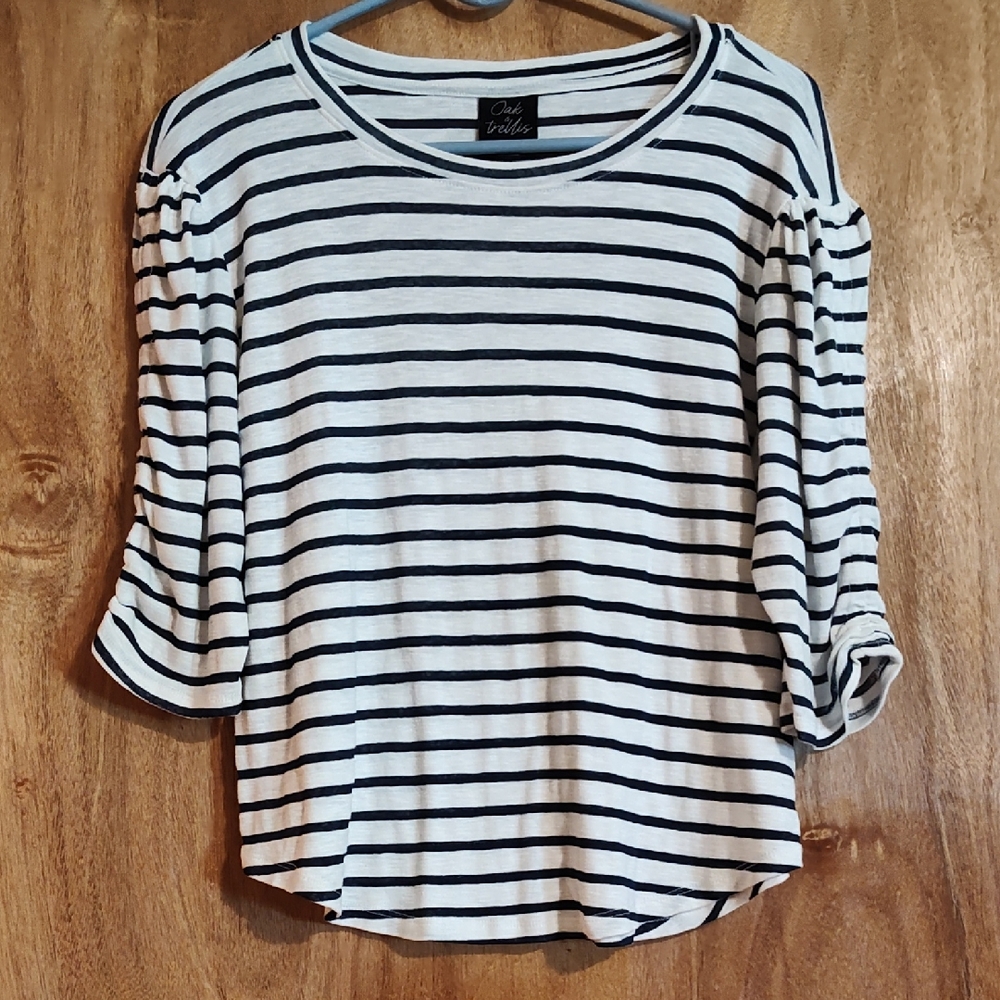 Oak & Trellis Womens Nautical Tee Navy White Boxy Ruched Cotton Blend Sleeve XL